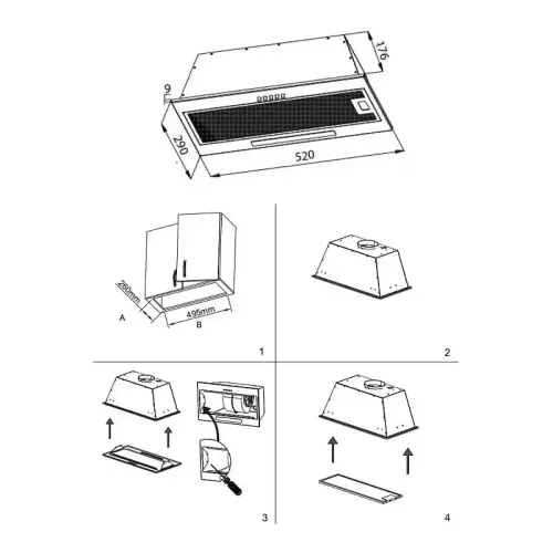 Встраиваемая вытяжка, полновстраиваемая в шкаф, 60 см, отвод/циркуляция,  механический контроль, 3 скорости работы, производительность 860 м3/ч, LED освещение, металл, черный, 520х290х176 мм.
