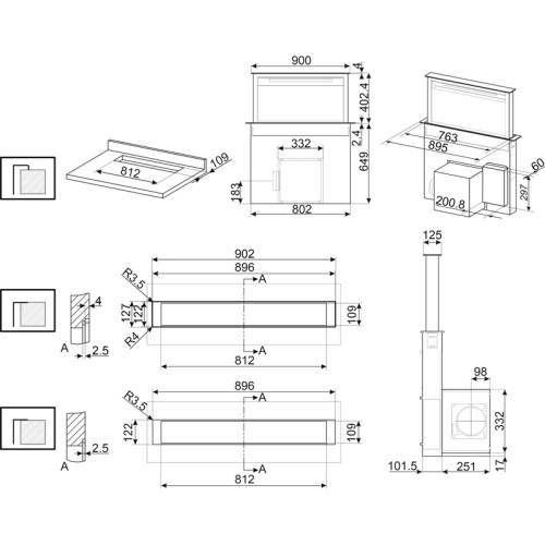 Встраиваемая вытяжка SMEG/ Встраиваемая вытяжка SMEG, в столешницу, 90 см, 4 скорости, интенсивный режим, отсрочка старта, сенсорное управление, цифровой дисплей, производительность 740 м3/ч, LED подсветка, цвет черный