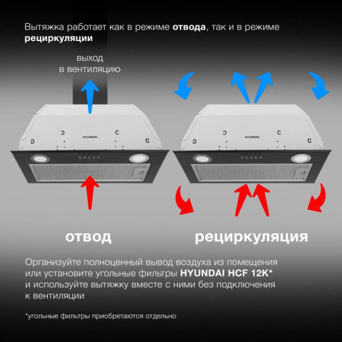 Вытяжка встраиваемая/ Вытяжка встраиваемая Hyundai HBB 6033 BK черный управление: кнопочное (1 мотор)