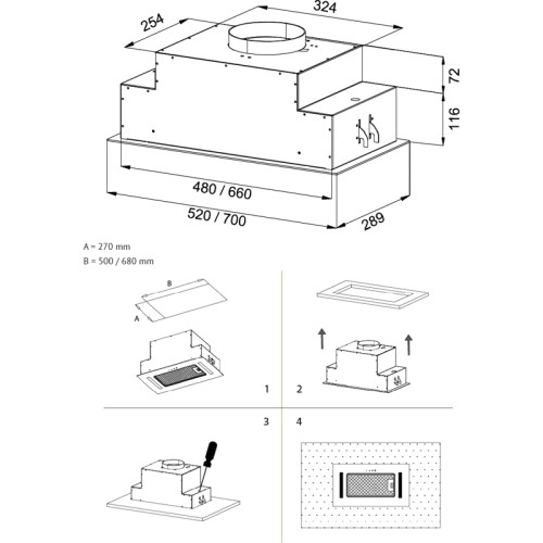 Полновстраиваемая вытяжка KORTING/ Полновстраиваемая вытяжка KORTING, 70 см, 3 режима, 550 м3/ч, сенсорное управление, таймер, воздухоотвод , рециркуляция, 1 мотор, LED освещение, угольный фильтр KIT 0271 (опция), уровень шума 54 дБ, цвет черное стекло