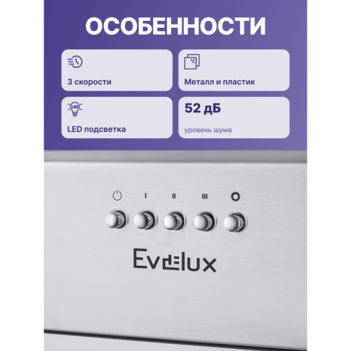 встраиваемая вытяжка, полновстраиваемая в шкаф, 60 см, отвод/циркуляция,  механический контроль, 3 скорости работы, производительность 750 м3/ч, LED освещение, нержавеющая сталь, 525х291х197,5 мм