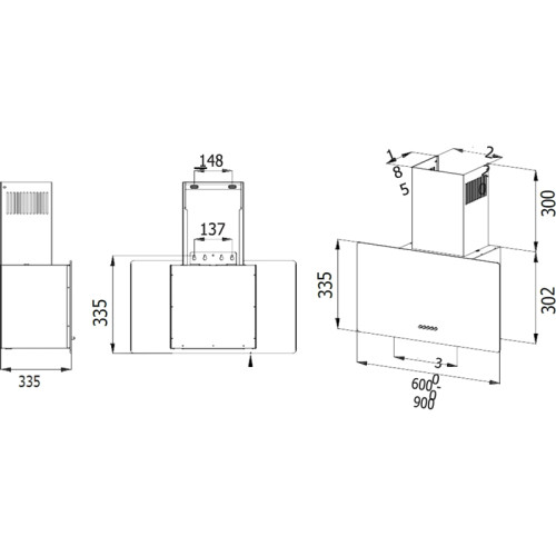 Навесная вытяжка,  60 см, механический контроль, 3 скорости работы, производительность 890 м3/ч, LED освещение, черный, металл, стекло, 600х335х335-602 мм.