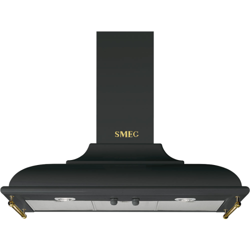 Вытяжка SMEG/ Cortina, вытяжка настенная декоративная, 89,5 см, антрацит / фурнитура ( логотип + боковые релинги) латунные в комплекте