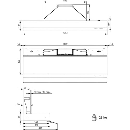 Вытяжка FALMEC SHELF 120 NERO (отвод воздуха, без мотора), 120 см, настенная, электронное/сенсорное управление, светодиодное освещение Dynamic Led Light, 4 скорости, интенсивный режим, таймер, угольный фильтр (опция), возможность работы с внешним мотором,