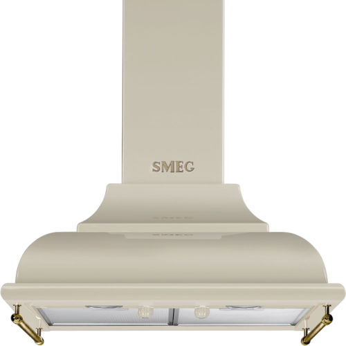 Вытяжки SMEG/ Cortina, вытяжка настенная декоративная, 60 см, кремовый, фурнитура (логотип + боковые релинги) латунная