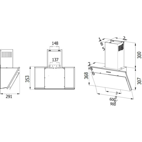 Наклонная вытяжка,  60 см, механический контроль, 3 скорости работы, производительность 900 м3/ч, LED освещение, черный, металл, стекло, 600 x 291х368-607  мм.