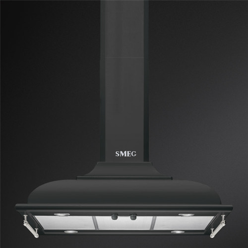 Вытяжка SMEG/ Cortina, вытяжка островная, 90 см, антрацит, фурнитура латунная (логотип+ релинги)
