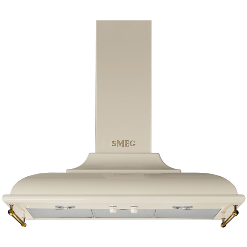 Вытяжка SMEG/ Cortina, вытяжка настенная декоративная, 89,5 см, кремовая / фурнитура (логотип + боковые релинги) латунные в комплекте