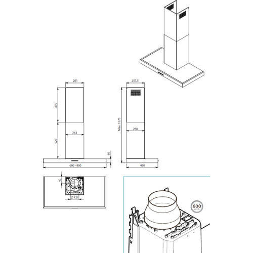 Вытяжка FALMEC MERCURIO EVO 60, настенная, т-образная, 60 см, механическое/кнопочное управление, светодиодное освещение, 3 скорости, отвод/циркуляция, макс. Производительность 600 м3/ч, угольный фильтр (опция), цвет нержавеющая сталь