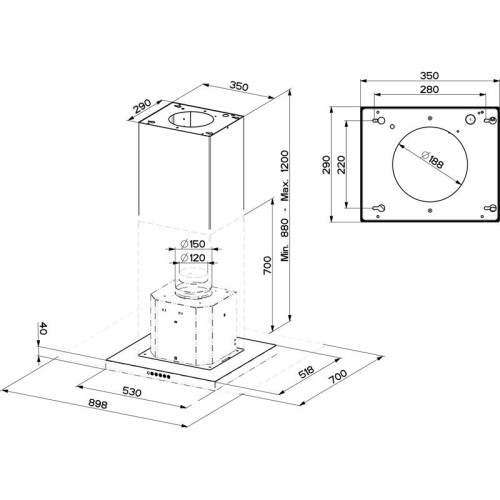 Вытяжка Faber/ BETTER, GLASSY ISOLA/SP EV8 X/V NS A90, островная, Т-образная, 90 см, 700 м3/ч, электронное управление, LED освещение, цвет нержавеющая сталь + стекло