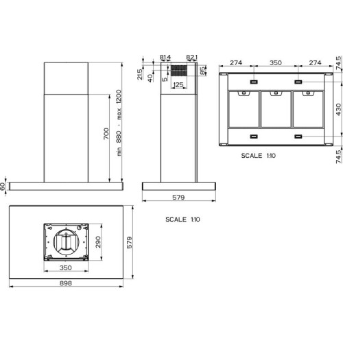 Вытяжка Faber/ BETTER, STILO GLASS SMART ISOLA A90, островная, Т-образная, 90 см, 710 м3/ч, электронное управление, LED освещение, цвет нержавеющая сталь + стекло