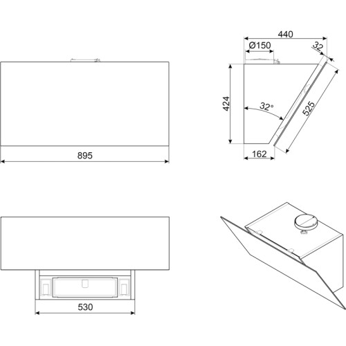 Настенная вытяжка SMEG/ Настенная вытяжка SMEG, 90 см, 3 скорости, интенсивный режим, автоматическое отключение, автовентиляция 2.0, сенсорное управление, периметральное всасывание, цвет черный