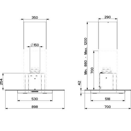 Вытяжка Faber/ BETTER, GLASSY ISOLA/SP EV8 X/V NS A90, островная, Т-образная, 90 см, 700 м3/ч, электронное управление, LED освещение, цвет нержавеющая сталь + стекло