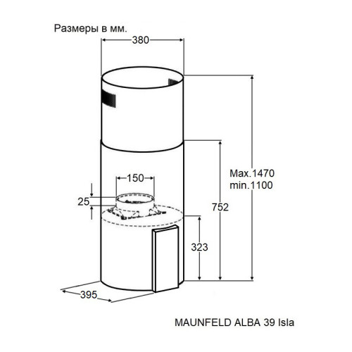 Островная, 1270 м3/ч, 38 см, 4 скорости, сенсорное управление, таймер, 52 дБ, цвет: черный