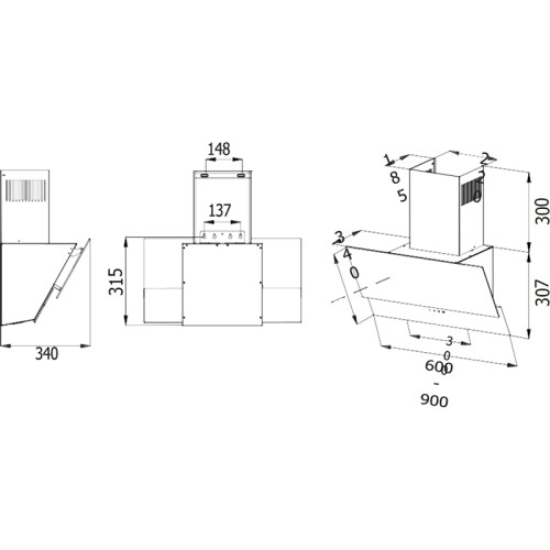 Наклонная вытяжка, 60 см, электронное управление, сенсорная панель, 3 скорости работы, производительность 950 м3/ч, белый, металл, стекло, 600х340х380-607 мм.