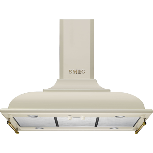 Вытяжка SMEG/ Cortina, вытяжка островная, 90 см,  754 м3, кремовый, фурнитура латунная (логотип+ релинги)