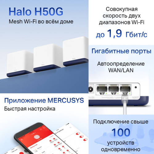 Бесшовный Mesh роутер Mercusys Halo H50G(2-pack) AC1900 10/100/1000BASE-TX белый (упак.:2шт)