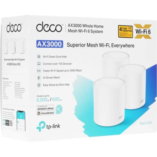 Маршрутизатор/ AX3000 Whole Home Mesh Wi-Fi 6 System, 3 units, 2× Internal Antennas, 3× Gb Ports (WAN/LAN auto-sensing) Маршрутизатор/ AX3000 Whole Home Mesh Wi-Fi 6 System, 3 units, 2× Internal Antennas, 3× Gb Ports (WAN/LAN auto-sensing)