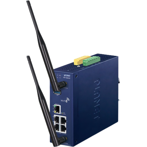 точка доступа/ PLANET IP30 Industrial Wi-Fi 6 802.11ax 1800Mbps Dual Band Wireless AP with 5-Port 10/100/1000T (2 x 5dBi antenna, 2 DI/DO, Dual DC 9~54V, -40 to 75C, 802.1Q VLAN, Captive Portal, RADIUS and cybersecurity features, AP/Gateway/Repeater modes