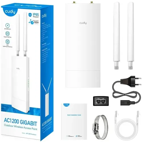 Точка доступа/ AC1200 WiFi Gigabit Outdoor Access Point, 867Mbps at 5GHz + 300Mbps at 2.4GHz, 1 x Gigabit RJ45, 2 Detachable Antennas, 802.3at/802.3af PoE or passive PoE, IP65 Waterproof, lightning protection, 48V passive PoE adapter included, Cudy Mesh S