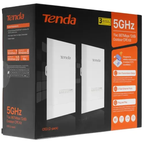 Точка доступа/ Tenda OS3 (2-pack) Наружная точка доступа (комплект 2 шт), 5 ГГц, до 867 Мбит/с, внешняя антенна 1x12dBi, IP65, PoE