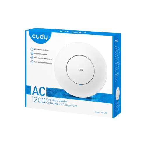 Точка доступа/ AC1200 Dual Band Gigabit Ceiling Mount Access Point,  MT7621DAN+MT7613B+MT7603E,  867Mbps at 5GHz + 300Mbps at 2.4GHz,  1 x GbE RJ45 Port, Support 12V DC or 802.3af PoE or Passive PoE, Internal Antennas, 12V DC adapter included, Cudy Mesh S