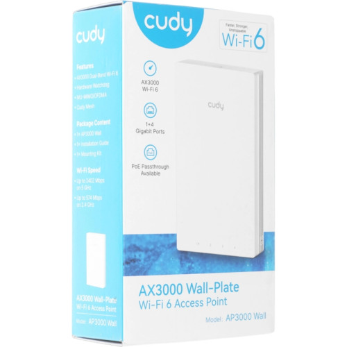 Точка доступа/ AX3000 Dual Band Wi-Fi 6 Wall Plate Access Point, Chipset MT7981+MT7531AE+MT7976CN, 802.11ax/ac/a/b/g/n, 2402Mbps at 5GHz + 574Mbps at 2.4GHz, 1 x Gigabit PoE-IN Port, 802.3af / at, 4 x Gigabit  RJ45 ports, LAN1 support PoE Out,  Cudy Mesh 