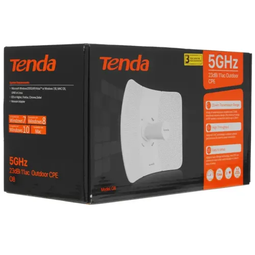 Точка доступа/ Tenda O8 Наружная точка доступа, 5 ГГц, до 433 Мбит/с, внешняя антенна 1x23dBi, IP65, PoE, LAN 1x100 Мбит/с