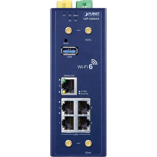 точка доступа/ PLANET IP30 Industrial Wi-Fi 6 802.11ax 2400Mbps 5GHz Wireless AP with 5-Port 10/100/1000T (4 x 5dBi antenna, 2 DI/DO, Dual DC 9~54V, -40 to 75C, 802.1Q VLAN, Captive Portal, RADIUS and cybersecurity features, AP/Gateway/Repeater modes, sup
