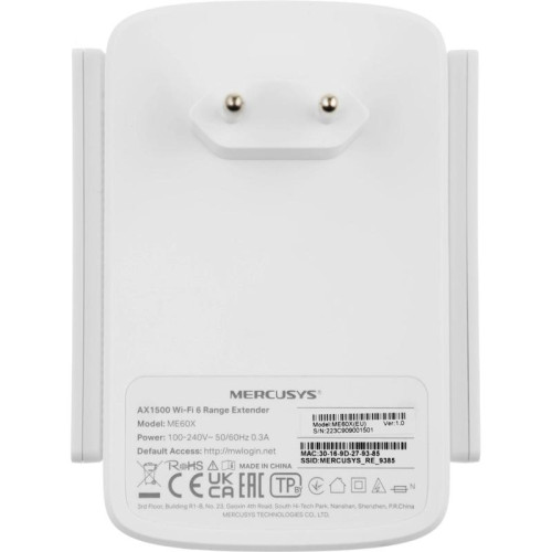 Повторитель беспроводного сигнала Mercusys ME60X AX1500 10/100/1000BASE-TX белый