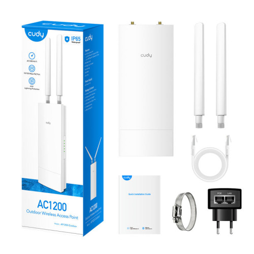 Точка доступа/ AC1200 WiFi Outdoor Access Point, Repeater, 867Mbps at 5GHz + 300Mbps at 2.4GHz, 1 x 100Mbps RJ45, 2 Detachable Antennas, 24V passive PoE, IP65 Waterproof, lightning protection, passive PoE adapter included, -20 ~ 60? Operating Temperature,