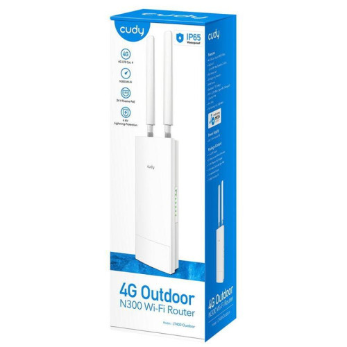 Точка доступа Outdoor 4G LTE Cat 4 N300 Wi-Fi Router Outdoor 4G LTE N300 WiFi Router, Cat.4, 300Mbps Wi-Fi, build-in 4G LTE modem, lightning protection, IP65 Waterproof, 10/100M RJ45, 2 x Detachable 4G Antennas, 24V passive PoE adapter included, Zerotier/