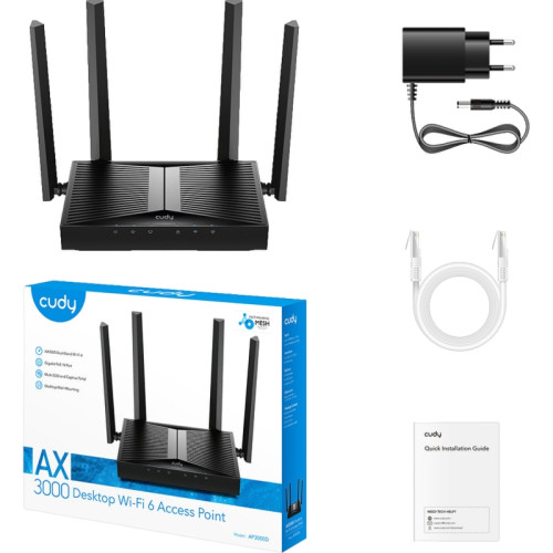 Точка доступа Wi-Fi CUDY AX3000 Wi-Fi 6 Desktop Access Point AX3000 Dual Band Desktop Wi-Fi 6 Access Point, Chipset MT7981, 802.11ax/ac/a/b/g/n, 2402Mbps at 5GHz + 574Mbps at 2.4GHz, 1 x Gigabit RJ45 Port, MU-MIMO, Support 12V DC or 802.3at PoE or Passiv Точка доступа Wi-Fi CUDY AX3000 Wi-Fi 6 Desktop Access Point AX3000 Dual Band Desktop Wi-Fi 6 Access Point, Chipset MT7981, 802.11ax/ac/a/b/g/n, 2402Mbps at 5GHz + 574Mbps at 2.4GHz, 1 x Gigabit RJ45 Port, MU-MIMO, Support 12V DC or 802.3at PoE or Passiv