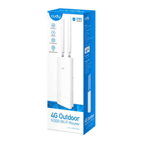 Точка доступа/ Outdoor 4G LTE N300 WiFi Router, Cat.4, 300Mbps Wi-Fi, build-in 4G LTE modem, lightning protection, IP65 Waterproof, 10/100M RJ45, 2 x Detachable 4G Antennas, 24V passive PoE adapter included, Zerotier/Wireguard/OpenVPN/IPSec/L2TP/PPTP VPN,