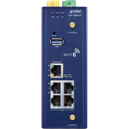 точка доступа/ PLANET IP30 Industrial Wi-Fi 6 802.11ax 1800Mbps Dual Band Wireless AP with 5-Port 10/100/1000T (2 x 5dBi antenna, 2 DI/DO, Dual DC 9~54V, -40 to 75C, 802.1Q VLAN, Captive Portal, RADIUS and cybersecurity features, AP/Gateway/Repeater modes