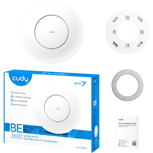 Точка доступа/ BE3600 Dual Band Ceiling Mount Wi-Fi 7 Access Point, Chipset Broadcom, 802.11be/ax/ac/a/b/g/n, 2880Mbps at 5GHz +688Mbps at 2.4GHz, 1 x 2.5G RJ45 Port, MU-MIMO, Support 12V DC or  802.3at PoE or Passive PoE, Internal Antennas, 12V DC adapte