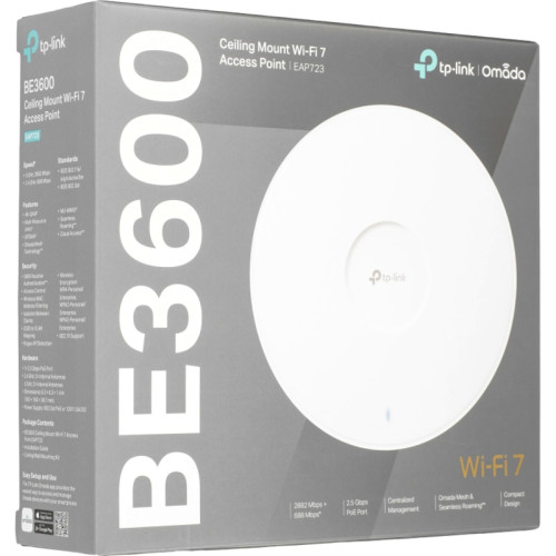 Точка доступа/ Omada BE3600 Dual-Band Ceiling Mount Wi-Fi 7 (2882 Mbps on 5 GHz + 688 Mbps on 2.4 GHz), 1x2.5G port, 802.3at PoE or 12V/1.5A DC (Power Adapter Is Not Included)