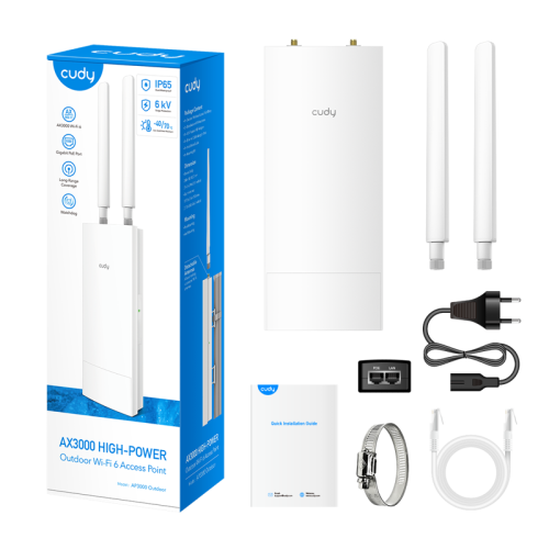 Точка доступа/ AX3000 High Power WiFi 6 Gigabit Outdoor Access Point, 2402Mbps at 5GHz + 574Mbps at 2.4GHz, 1 x Gigabit RJ45, 2 Detachable Antennas, 802.3at/802.3af PoE or 48V passive PoE, IP65 Waterproof, lightning protection, 48V passive PoE adapter inc