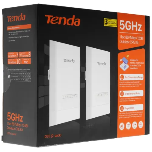 Точка доступа/ Tenda OS3 (2-pack) Наружная точка доступа (комплект 2 шт), 5 ГГц, до 867 Мбит/с, внешняя антенна 1x12dBi, IP65, PoE