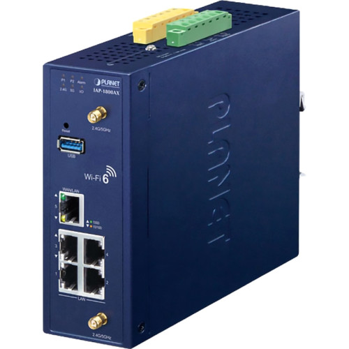 точка доступа/ PLANET IP30 Industrial Wi-Fi 6 802.11ax 1800Mbps Dual Band Wireless AP with 5-Port 10/100/1000T (2 x 5dBi antenna, 2 DI/DO, Dual DC 9~54V, -40 to 75C, 802.1Q VLAN, Captive Portal, RADIUS and cybersecurity features, AP/Gateway/Repeater modes