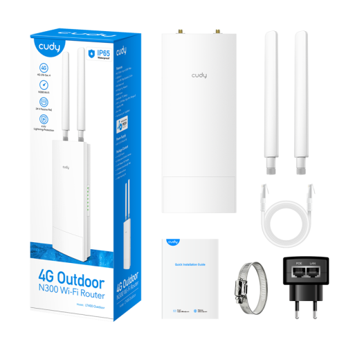 Точка доступа/ Outdoor 4G LTE N300 WiFi Router, Cat.4, 300Mbps Wi-Fi, build-in 4G LTE modem, lightning protection, IP65 Waterproof, 10/100M RJ45, 2 x Detachable 4G Antennas, 24V passive PoE adapter included, Zerotier/Wireguard/OpenVPN/IPSec/L2TP/PPTP VPN,