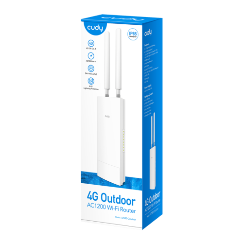 Точка доступа/ Outdoor 4G LTE AC1200 WiFi Router, Cat.4, 300Mbps +  867Mbps Wi-Fi, build-in 4G LTE modem, lightning protection, IP65 Waterproof, 10/100M RJ45, 2 x Detachable 4G Antennas, 24V passive PoE adapter included, Cudy Mesh Support, Zerotier/Wiregu