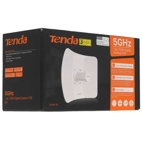 Точка доступа/ Tenda O9 Наружная точка доступа, 5 ГГц, до 867 Мбит/с, внешняя антенна 1x23dBi, IP65, PoE, LAN 1x1 Гбит/с