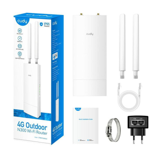 Точка доступа Outdoor 4G LTE Cat 4 N300 Wi-Fi Router Outdoor 4G LTE N300 WiFi Router, Cat.4, 300Mbps Wi-Fi, build-in 4G LTE modem, lightning protection, IP65 Waterproof, 10/100M RJ45, 2 x Detachable 4G Antennas, 24V passive PoE adapter included, Zerotier/