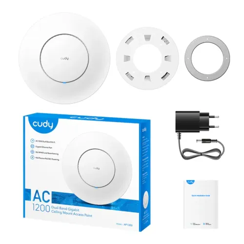 Точка доступа/ AC1200 Dual Band Gigabit Ceiling Mount Access Point,  MT7621DAN+MT7613B+MT7603E,  867Mbps at 5GHz + 300Mbps at 2.4GHz,  1 x GbE RJ45 Port, Support 12V DC or 802.3af PoE or Passive PoE, Internal Antennas, 12V DC adapter included, Cudy Mesh S