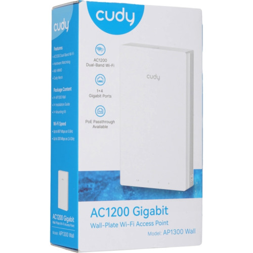 Точка доступа/ AC1200 Dual Band Gigabit Wall Plate Access Point,  MT7621DAN+MT7613B+MT7603E,  867Mbps at 5GHz + 300Mbps at 2.4GHz,  1 x Gigabit PoE-IN Port, 802.3af / at, 4 x Gigabit  RJ45 ports, LAN1 support PoE Out, Cudy Mesh Support