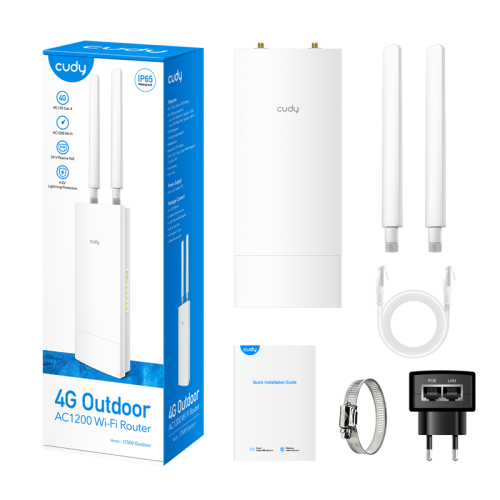 Точка доступа/ Outdoor 4G LTE AC1200 WiFi Router, Cat.4, 300Mbps +  867Mbps Wi-Fi, build-in 4G LTE modem, lightning protection, IP65 Waterproof, 10/100M RJ45, 2 x Detachable 4G Antennas, 24V passive PoE adapter included, Cudy Mesh Support, Zerotier/Wiregu