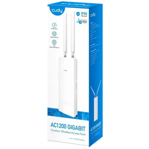 Точка доступа/ AC1200 WiFi Gigabit Outdoor Access Point, 867Mbps at 5GHz + 300Mbps at 2.4GHz, 1 x Gigabit RJ45, 2 Detachable Antennas, 802.3at/802.3af PoE or passive PoE, IP65 Waterproof, lightning protection, 48V passive PoE adapter included, Cudy Mesh S