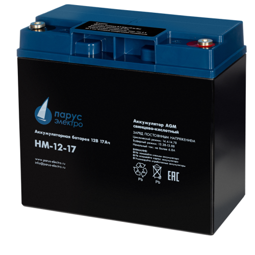 Battery Parus Electro, standard series HM-12-26, voltage 12V, capacity 26Ah (discharge 20 hours), max. discharge current (5sec) 300A, max. charge current 9.6A, lead-acid AGM type, M5 bolt terminals, LxWxH 175x166x125mm., total height with terminals 125mm.