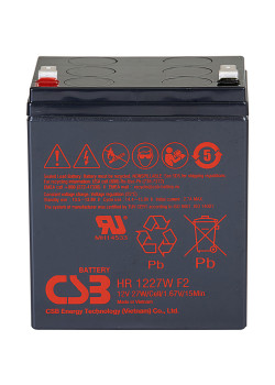 Батарея CSB серия HR, HR1227W F2, напряжение 12В, емкость 7.5Ач (разряд 20 часов), 27 Вт/Эл при 15-мин. разряде до U кон. - 1.67 В/Эл при 25 °С,  макс. ток разряда (5 сек.) 130А, ток короткого замыкания 424А, макс. ток заряда 2.7A, свинцово-кислотная типа